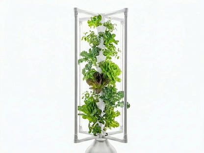Vertical hydroponic garden with green plants on a white background